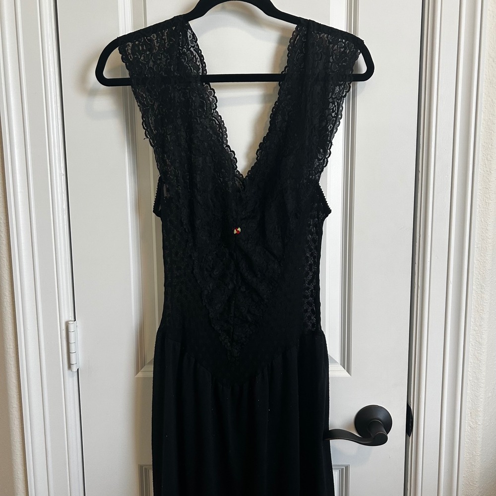Circa 2000 Y2K Black Lace V-Neck Drop Waist Midi Dress Medium Sheer Whimsigoth